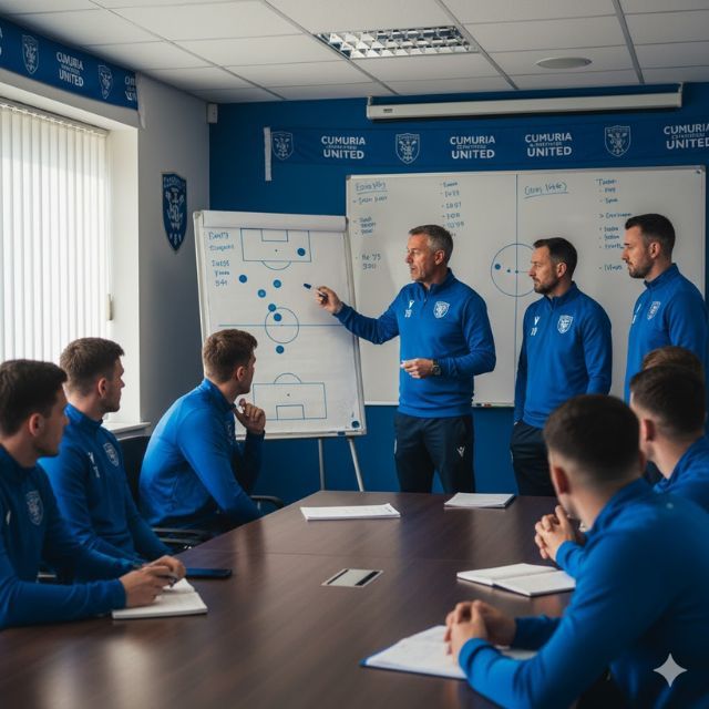 Coaching staff and players in a team strategy meeting